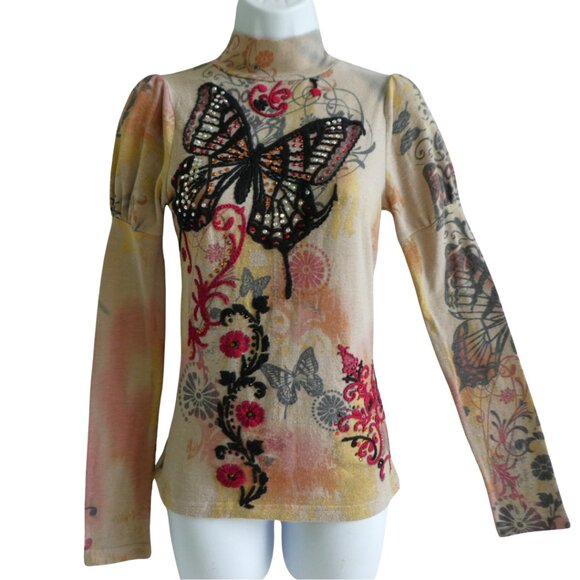 Vintage Y2K Spy Zone Exchange Pullover Top Embroidered Sequin Butterflies Mock - Picture 2 of 7